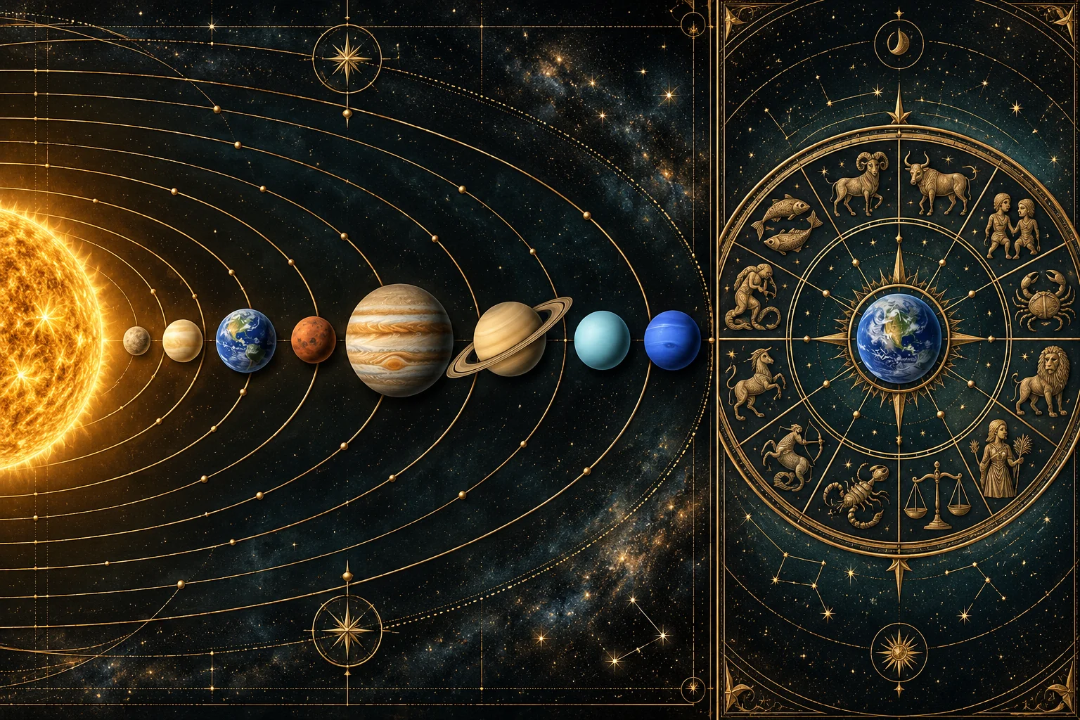 Illustration for Heliocentric Orrery vs. Geocentric Astrology